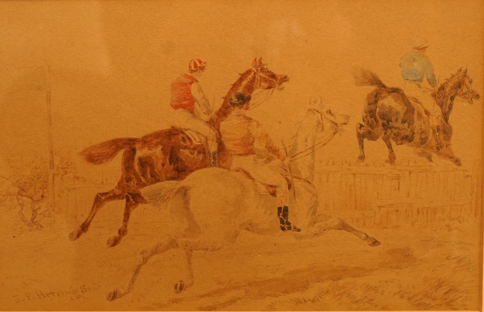 John Frederick Herring Sr (1795-1865), ‘There they go!’, signed, Horse racing interest watercolour, 17 x 26cm
